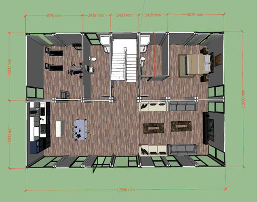 หลังคาเรียบ โมดูล 2 ห้องนอน บ้านคอนเทนเนอร์ ความทนทานสูง