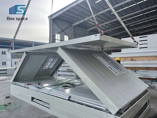 บ้านคอนเทนเนอร์แบบพับได้ แบบแบน แพ็ค กันแผ่นดินไหว บ้านแบบโมดูล Prefab